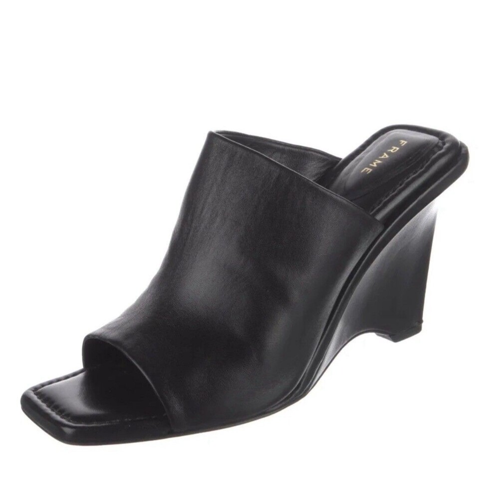 FRAME Le Naomi Black Leather Wedge Slip On Mule Heels Sz 39 US 8 New W/Flaw - Picture 1 of 9